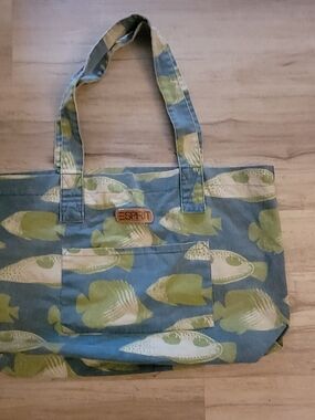 Esprit Blue & Olive Fish Print Canvas Tote